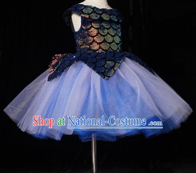 Top Grade Stage Show Dance Compere Blue Bubble Veil Full Dress Catwalks Court Princess Costume for Kids