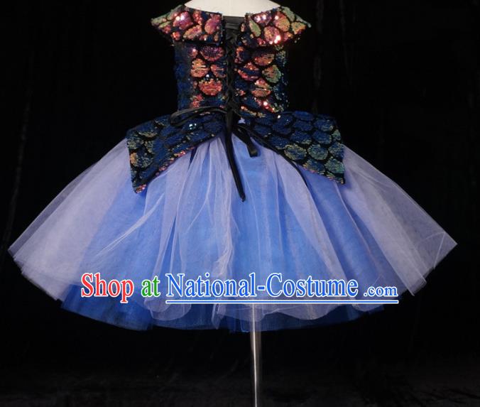 Top Grade Stage Show Dance Compere Blue Bubble Veil Full Dress Catwalks Court Princess Costume for Kids