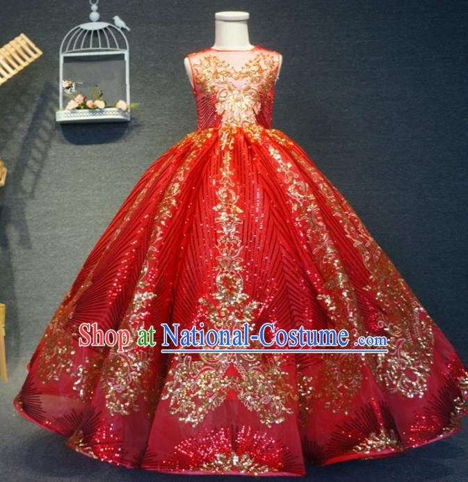 Top Grade Stage Show Dance Red Full Dress Catwalks Court Princess Costume for Kids