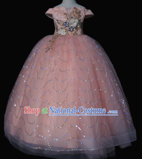 Top Grade Modern Fancywork Compere Pink Veil Dress Catwalks Court Princess Stage Show Dance Costume for Kids