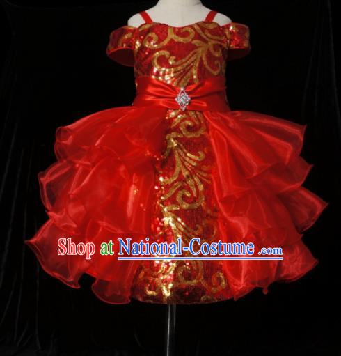 Top Grade Modern Fancywork Compere Red Short Dress Catwalks Court Princess Stage Show Dance Costume for Kids