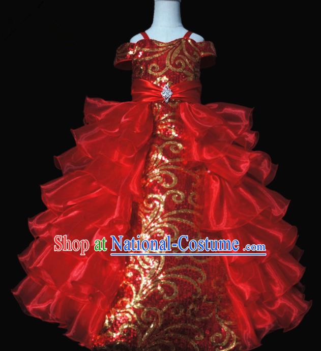 Top Grade Modern Fancywork Compere Red Long Dress Catwalks Court Princess Stage Show Dance Costume for Kids