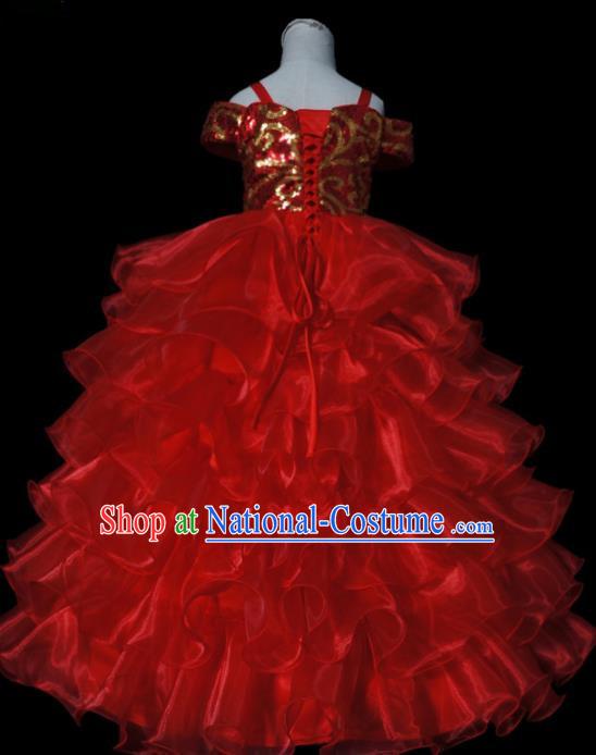 Top Grade Modern Fancywork Compere Red Long Dress Catwalks Court Princess Stage Show Dance Costume for Kids