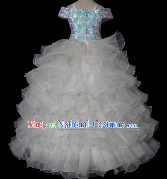 Top Grade Modern Fancywork Compere White Long Dress Catwalks Court Princess Stage Show Dance Costume for Kids