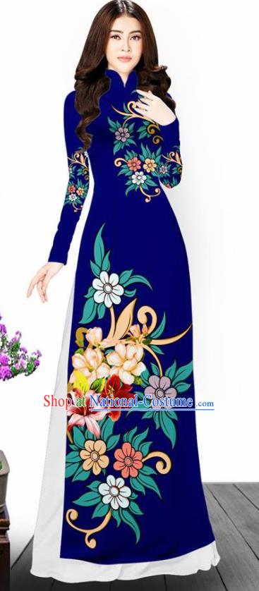 Asian Vietnam Traditional Printing Flowers Royalblue Aodai Cheongsam Vietnamese Bride Classical Qipao Dress for Women