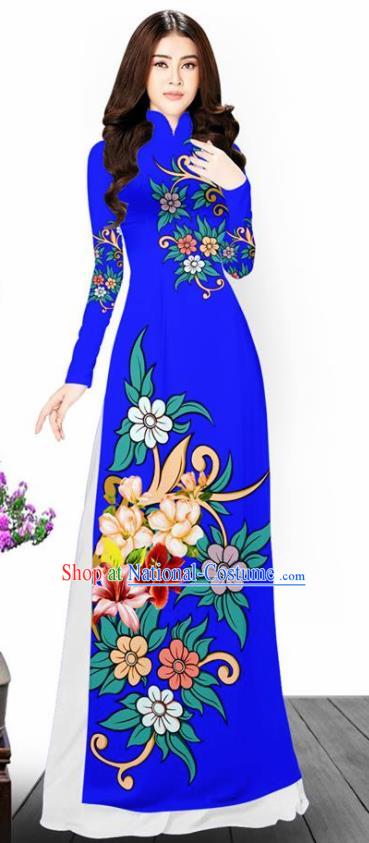 Asian Vietnam Traditional Printing Flowers Blue Aodai Cheongsam Vietnamese Bride Classical Qipao Dress for Women