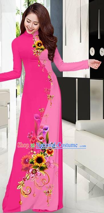 Rosy Aodai Cheongsam Asian Vietnam Traditional Costume Vietnamese Bride Classical Qipao Dress for Women