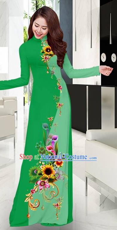 Green Aodai Cheongsam Asian Vietnam Traditional Costume Vietnamese Bride Classical Qipao Dress for Women