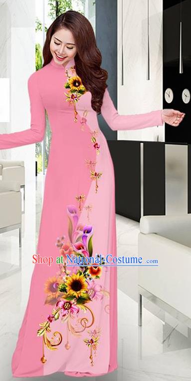 Pink Aodai Cheongsam Asian Vietnam Traditional Costume Vietnamese Bride Classical Qipao Dress for Women