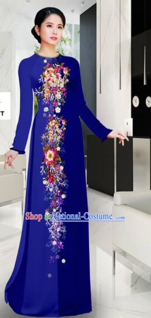 Asian Printing Flowers Royalblue Aodai Cheongsam Vietnam Traditional Costume Vietnamese Bride Classical Qipao Dress for Women