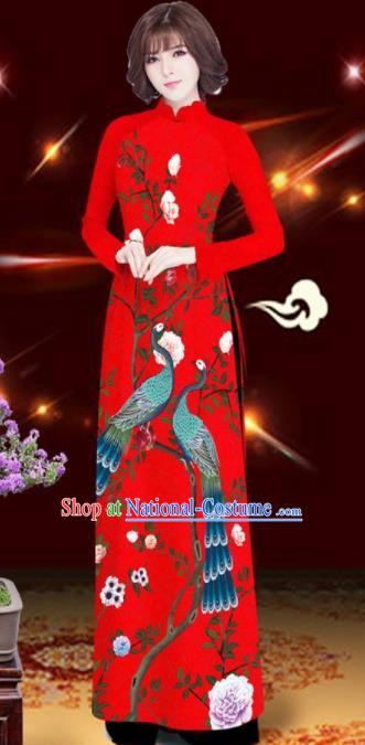 Asian Vietnam Printing Peacock Rose Red Aodai Cheongsam Traditional Costume Vietnamese Bride Classical Qipao Dress for Women