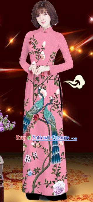 Asian Vietnam Printing Peacock Rose Pink Aodai Cheongsam Traditional Costume Vietnamese Bride Classical Qipao Dress for Women