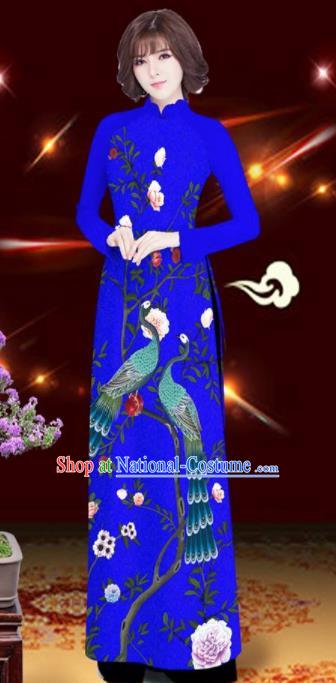 Asian Vietnam Printing Peacock Rose Royalblue Aodai Cheongsam Traditional Costume Vietnamese Bride Classical Qipao Dress for Women