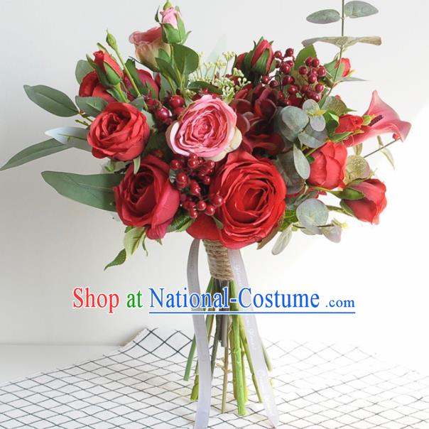 Handmade Classical Wedding Red Rose Flowers Bride Holding Emulational Flowers Ball Hand Tied Bouquet Flowers for Women