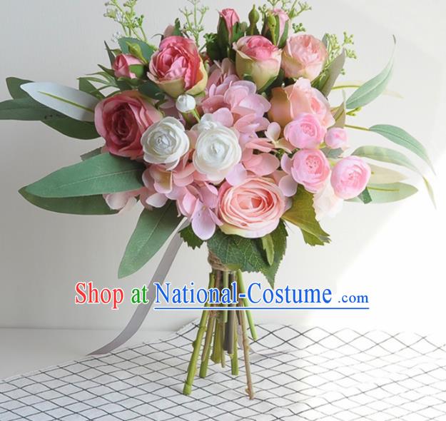 Handmade Classical Wedding Pink Rose Flowers Bride Holding Emulational Flowers Ball Hand Tied Bouquet Flowers for Women