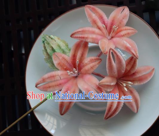 Chinese Handmade Pink Velvet Flowers Hairpins Ancient Palace Hair Accessories Headwear for Women