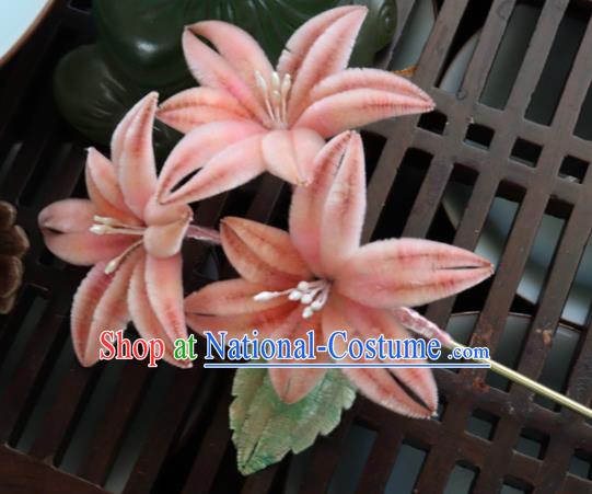 Chinese Handmade Pink Velvet Flowers Hairpins Ancient Palace Hair Accessories Headwear for Women