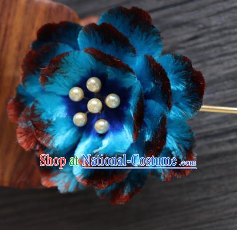 Chinese Handmade Blue Velvet Flowers Hairpins Ancient Palace Hair Accessories Headwear for Women