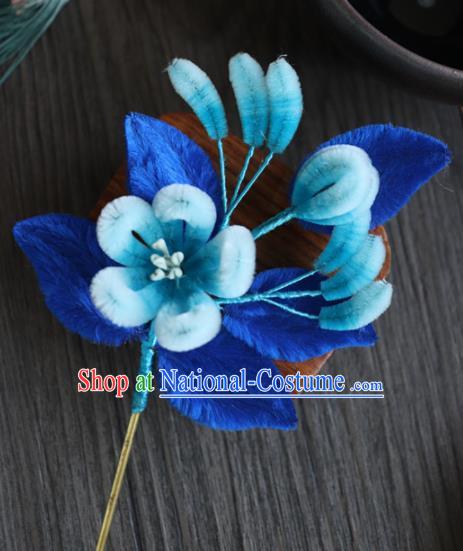 Chinese Handmade Blue Velvet Flowers Hairpins Ancient Palace Hair Accessories Headwear for Women