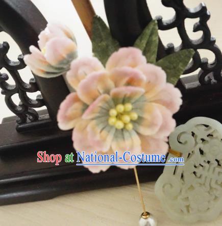 Handmade Chinese Classical Pink Velvet Peony Brooch Ancient Palace Breastpin for Women