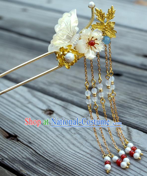 Chinese Handmade Hanfu Shell Butterfly Tassel Hairpins Ancient Princess Hair Accessories Headwear for Women