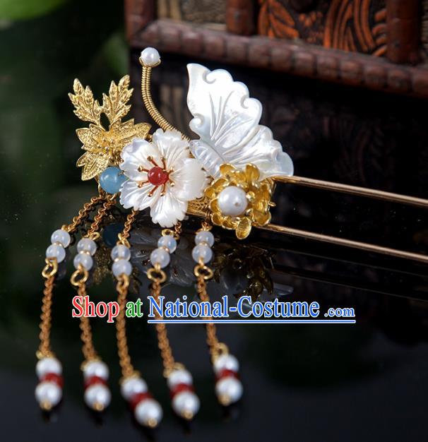 Chinese Handmade Hanfu Shell Butterfly Tassel Hairpins Ancient Princess Hair Accessories Headwear for Women