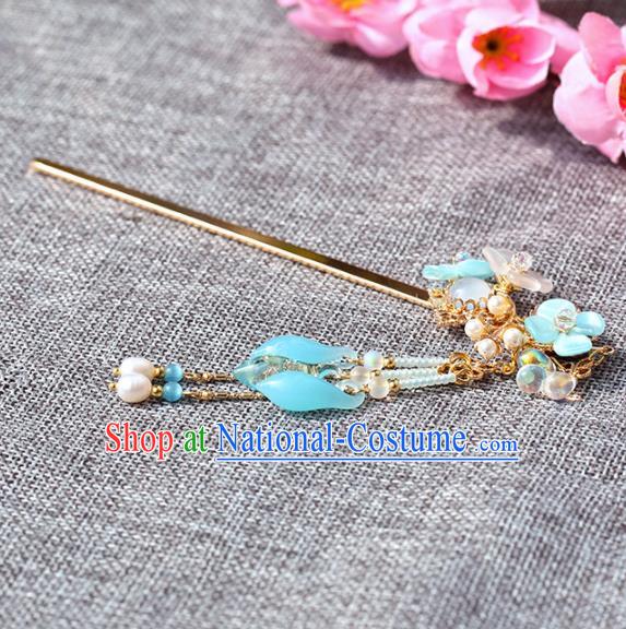 Chinese Handmade Hanfu Blue Tassel Hairpins Ancient Princess Hair Accessories Headwear for Women