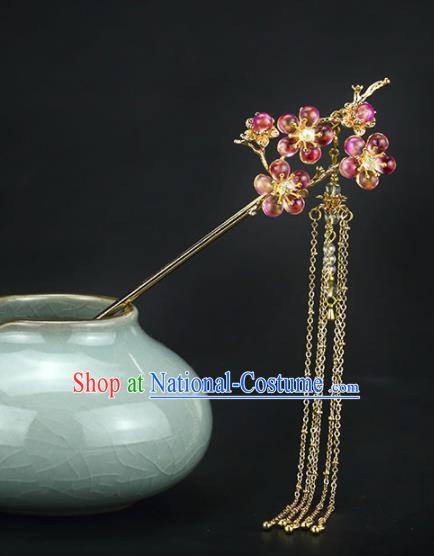 Chinese Handmade Hanfu Rosy Plum Blossom Tassel Hairpins Ancient Princess Hair Accessories Headwear for Women