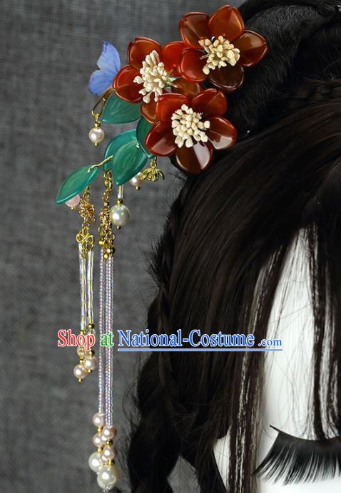 Chinese Handmade Hanfu Red Plum Blossom Tassel Hairpins Ancient Princess Hair Accessories Headwear for Women