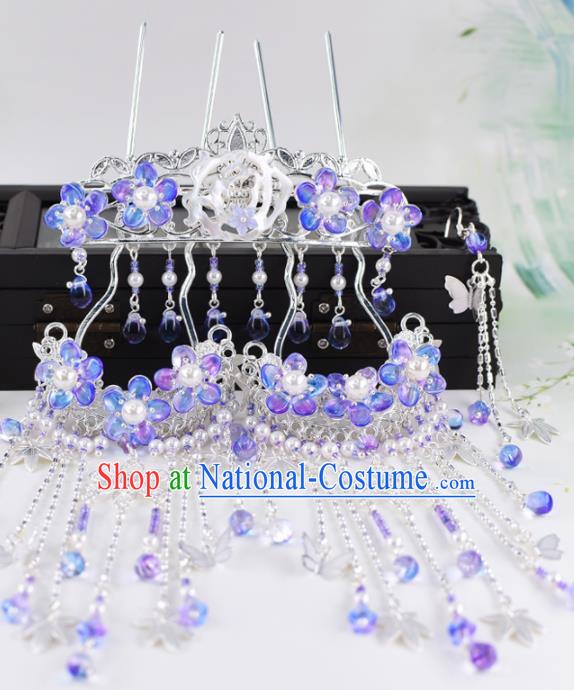 Chinese Handmade Palace Hair Crown Purple Flowers Tassel Hairpins Ancient Princess Hanfu Hair Accessories Headwear for Women