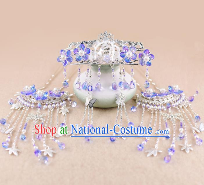 Chinese Handmade Palace Hair Crown Purple Flowers Tassel Hairpins Ancient Princess Hanfu Hair Accessories Headwear for Women