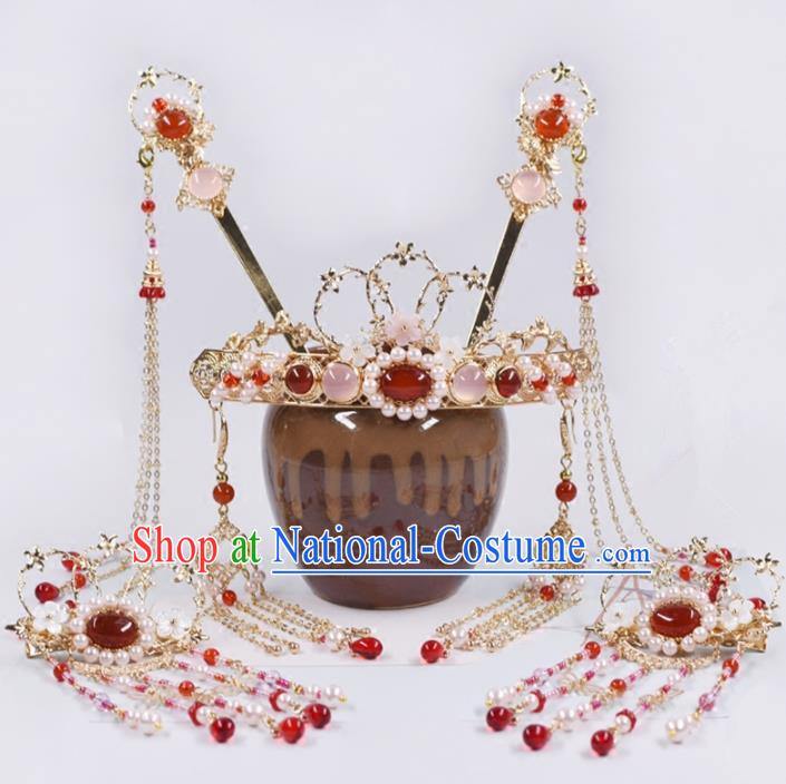 Chinese Handmade Palace Tassel Hairpins Rose Chalcedony Hair Crown Ancient Princess Hanfu Hair Accessories Headwear for Women