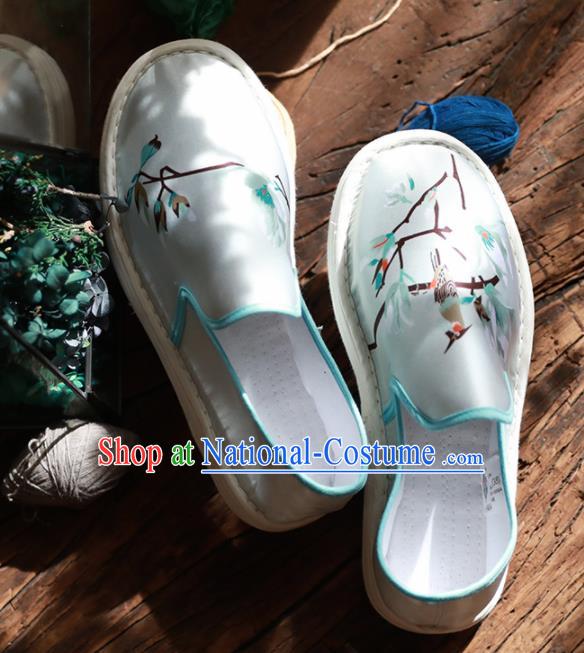 Chinese Handmade Blue Satin Shoes Traditional National Shoes Ancient Princess Embroidered Hanfu Shoes for Women