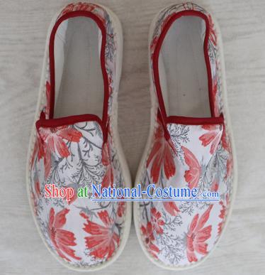 Chinese Handmade Printing Red Butterfly Cloth Shoes Traditional National Shoes Ancient Princess Hanfu Shoes for Women