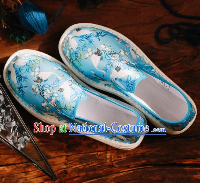 Chinese Handmade Printing Crane Blue Cloth Shoes Traditional National Shoes Ancient Hanfu Shoes for Women