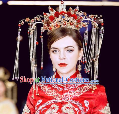 Chinese Handmade Palace Red Venonat Phoenix Coronet Hairpins Ancient Princess Hanfu Hair Accessories Headwear for Women