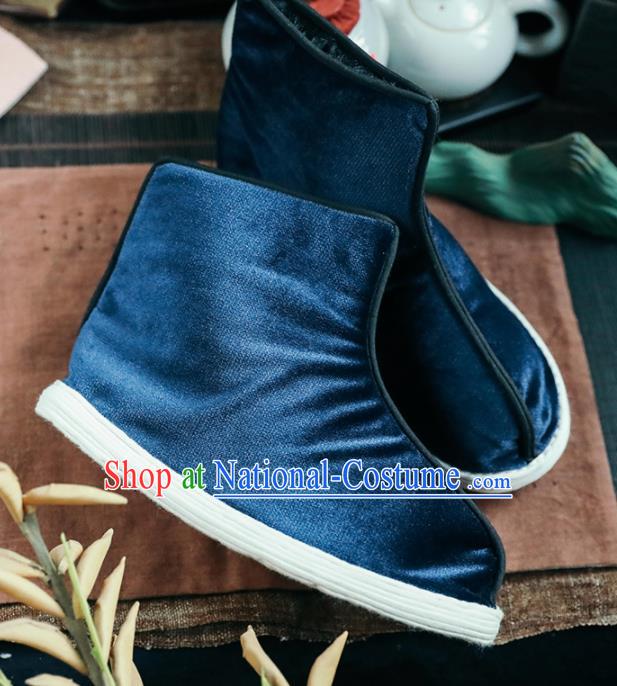 Chinese Handmade Blue Cloth Boots Traditional National Shoes Ancient Princess Hanfu Shoes for Women