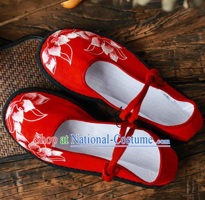 Chinese Handmade Red Cloth Shoes Traditional National Shoes Ancient Princess Embroidered Lotus Hanfu Shoes for Women