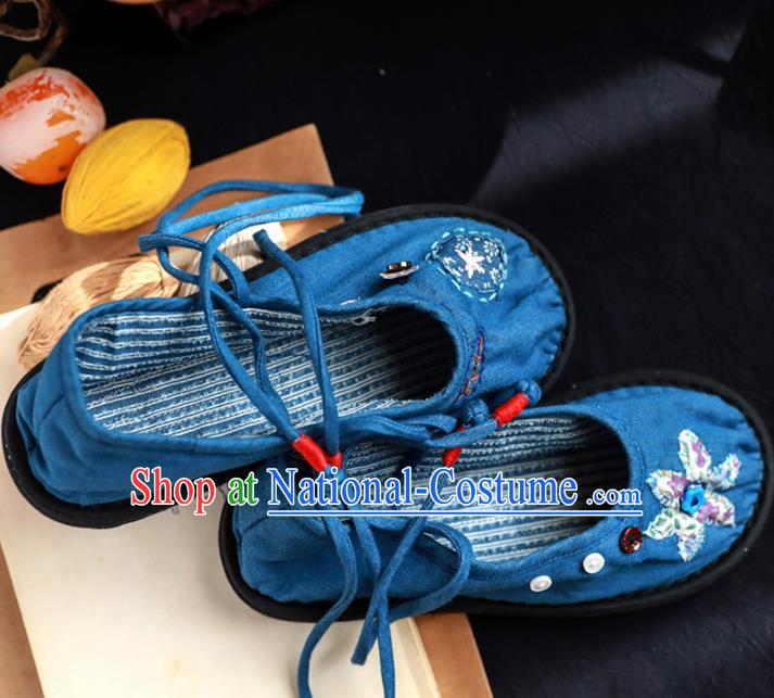 Chinese Handmade Blue Cloth Shoes Traditional National Shoes Ancient Princess Hanfu Shoes for Women