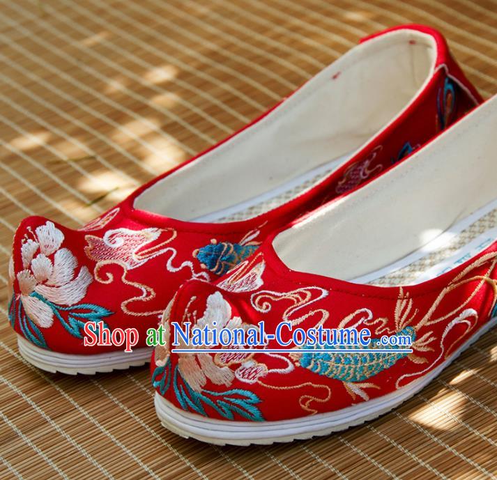 Chinese Handmade Red Satin Shoes Traditional National Shoes Ancient Princess Embroidered Hanfu Shoes for Women