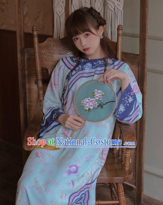 Chinese Classical National Printing Blue Cheongsam Traditional Tang Suit Qipao Dress for Women