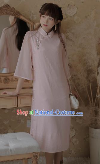 Chinese Classical National Light Pink Cheongsam Traditional Tang Suit Qipao Dress for Women