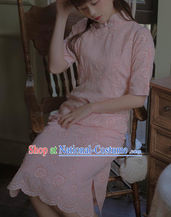 Chinese Classical National Embroidered Pink Cheongsam Traditional Tang Suit Qipao Dress for Women