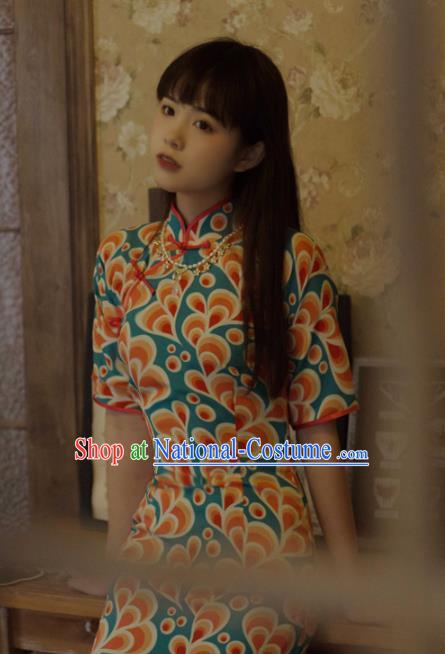 Chinese National Printing Blue Cheongsam Traditional Classical Tang Suit Qipao Dress for Women