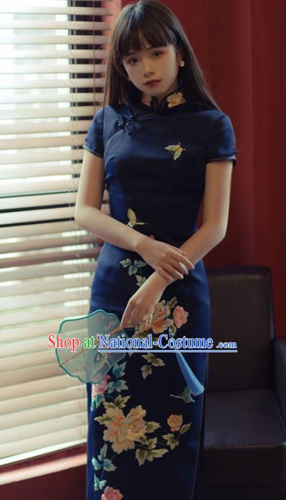 Chinese National Printing Peony Royalblue Cheongsam Traditional Classical Tang Suit Qipao Dress for Women