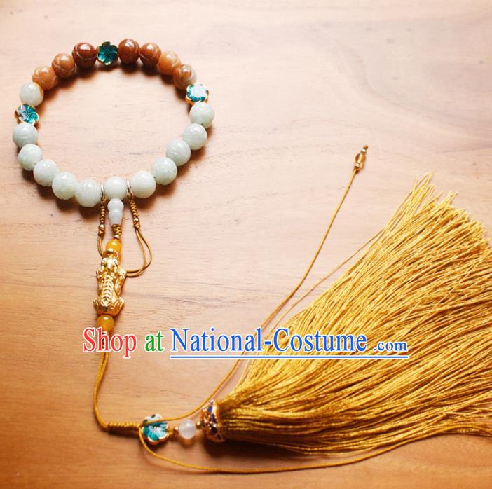 Chinese Handmade Palace Jade Beads Accessories Ancient Queen Tassel Brooch Headwear for Women