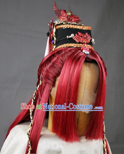 Chinese Traditional Cosplay Prince Red Wig Ancient Swordsman Wig Sheath for Men