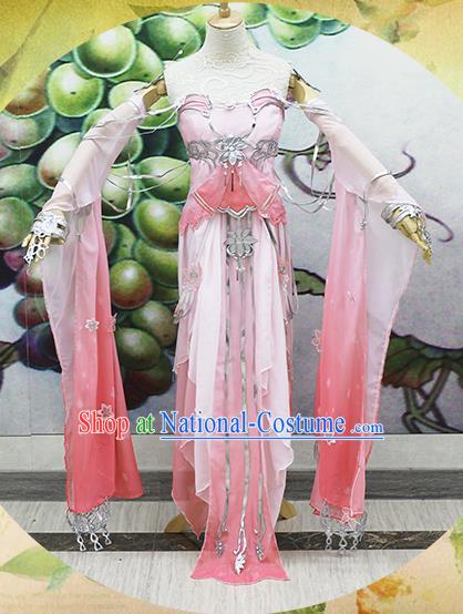 Chinese Traditional Cosplay Swordswoman Costume Ancient Peri Princess Pink Hanfu Dress for Women