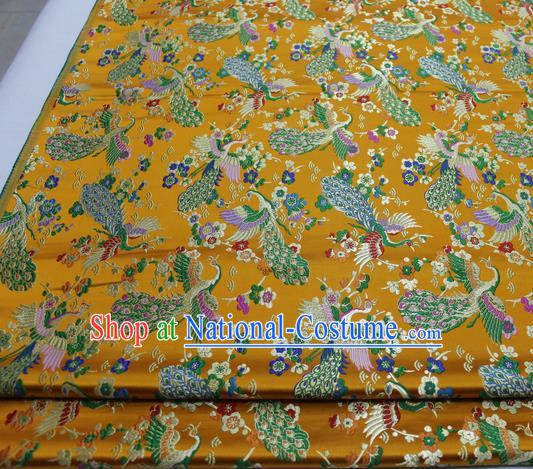 Chinese Traditional Tang Suit Royal Peacock Pattern Golden Brocade Satin Fabric Material Classical Silk Fabric