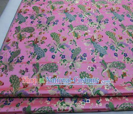 Chinese Traditional Tang Suit Royal Peacock Pattern Pink Brocade Satin Fabric Material Classical Silk Fabric